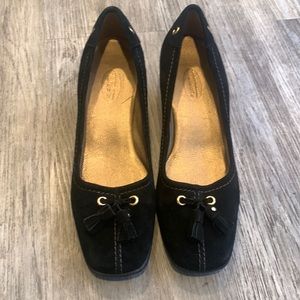 Talbots black suede tassel wedges